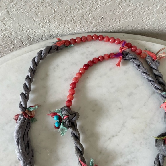 Boho Silk Necklace w/ Semi-Precious Stones & Glass Beads – Tribal Artisan - Picture 4 of 7